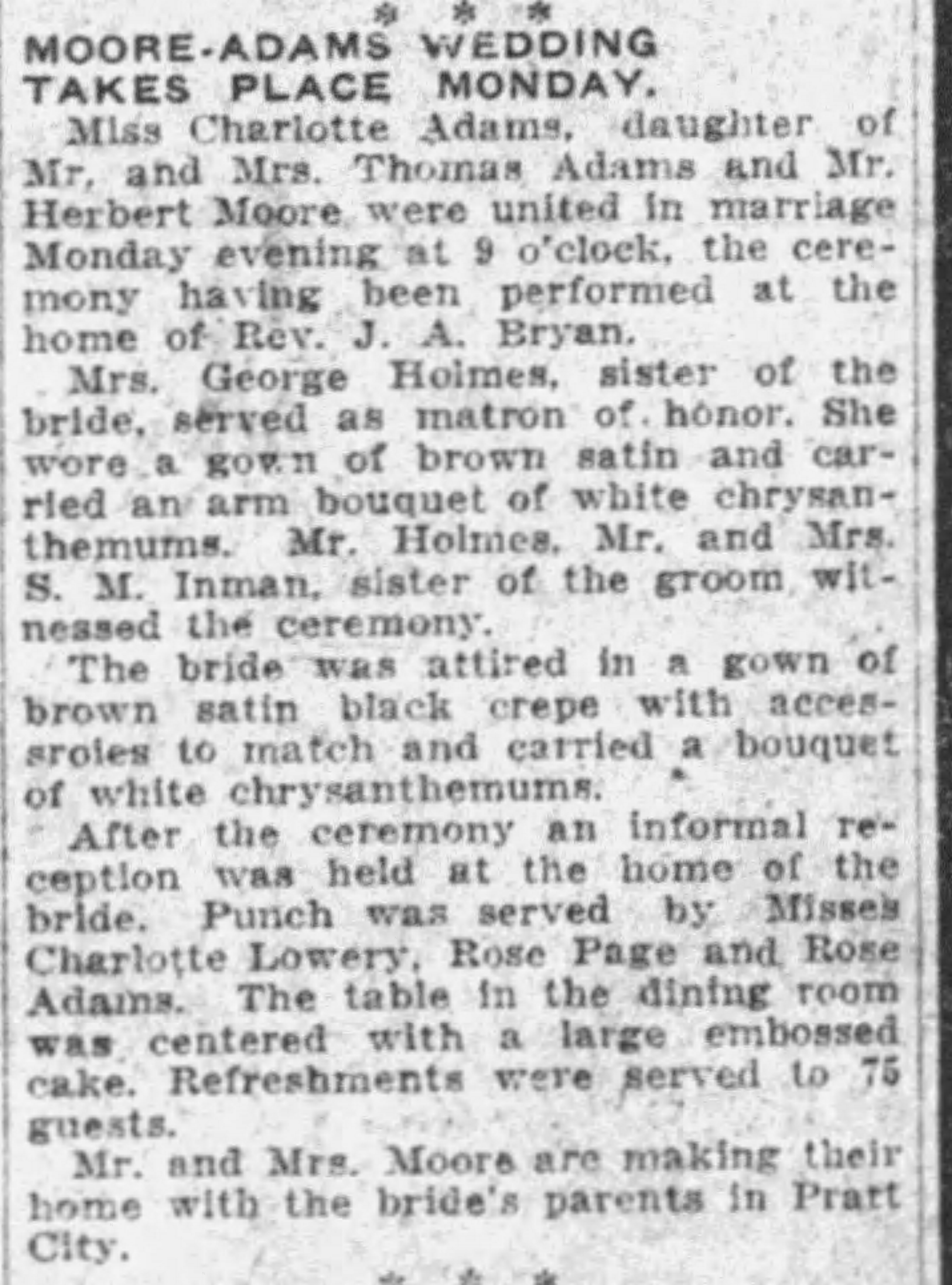 Moore-Adams Wedding Takes Place Monday